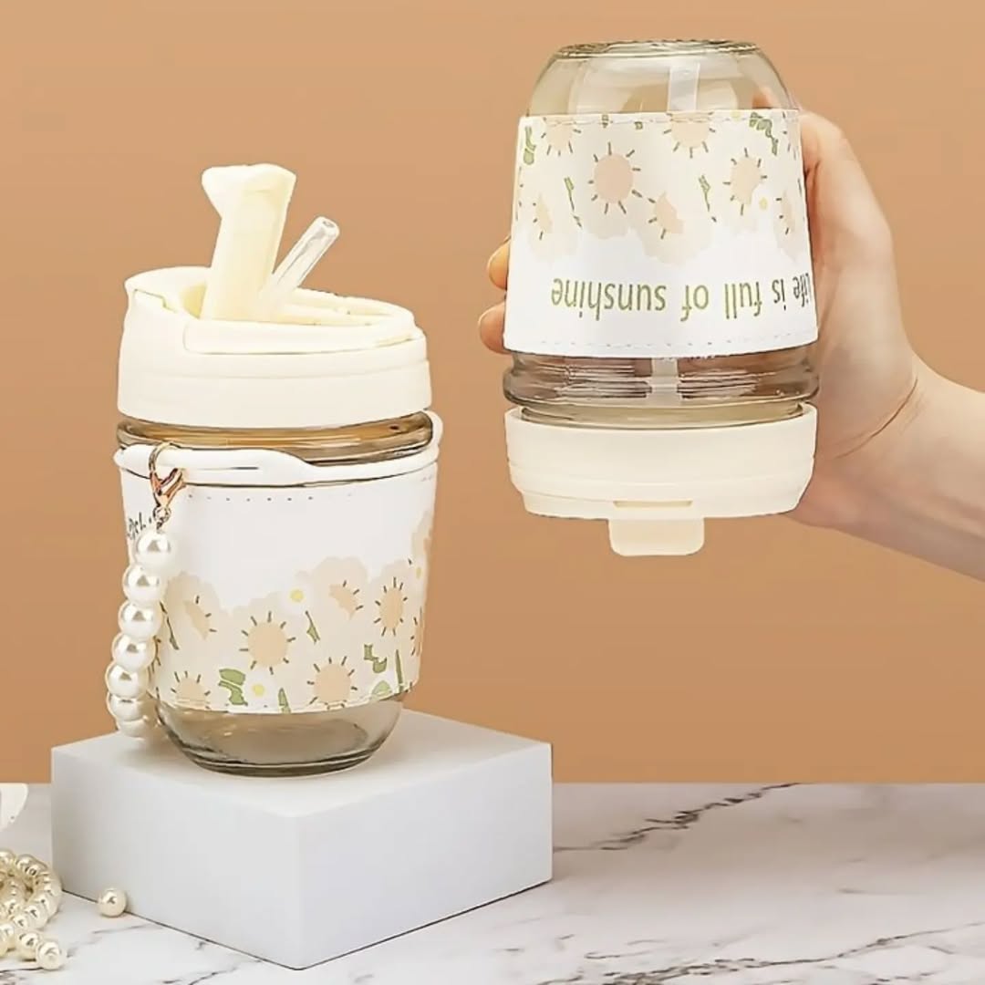 Vaso Taza Estética de Vidrio con Asa de Perlas – 350 ml