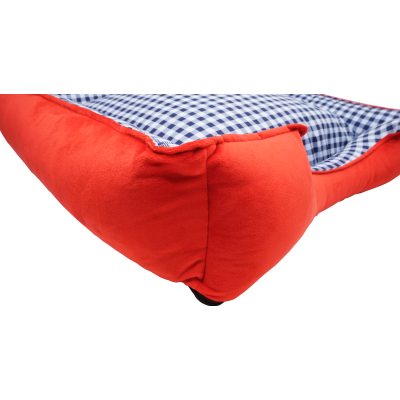 CAMA PARA PERRO Y GATO COLOR ROJO CON CUADRADITOS AZULES
