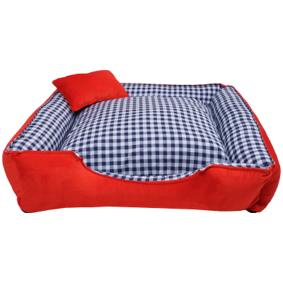 CAMA PARA PERRO Y GATO COLOR ROJO CON CUADRADITOS AZULES