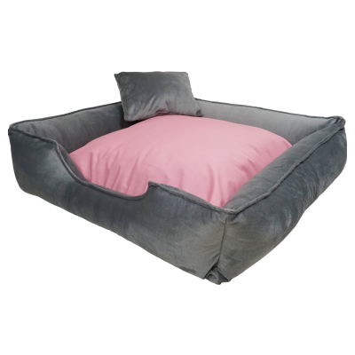 CAMA PARA PERRO y GATO COLOR PLOMO CON TOQUES ROSADOS