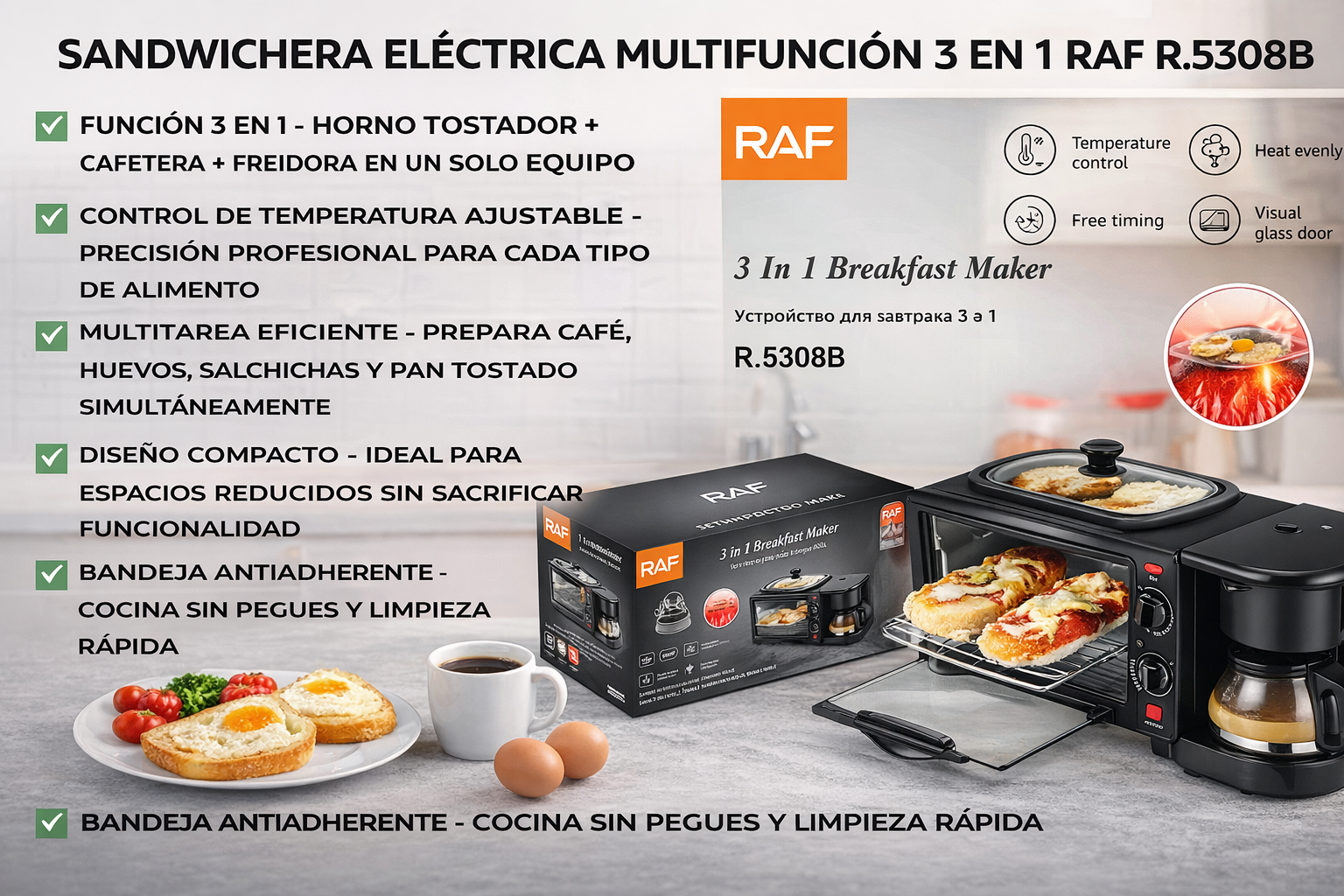 Sandwichera eléctrica multifunción 3 en 1 horno tostador, cafetera y freidora