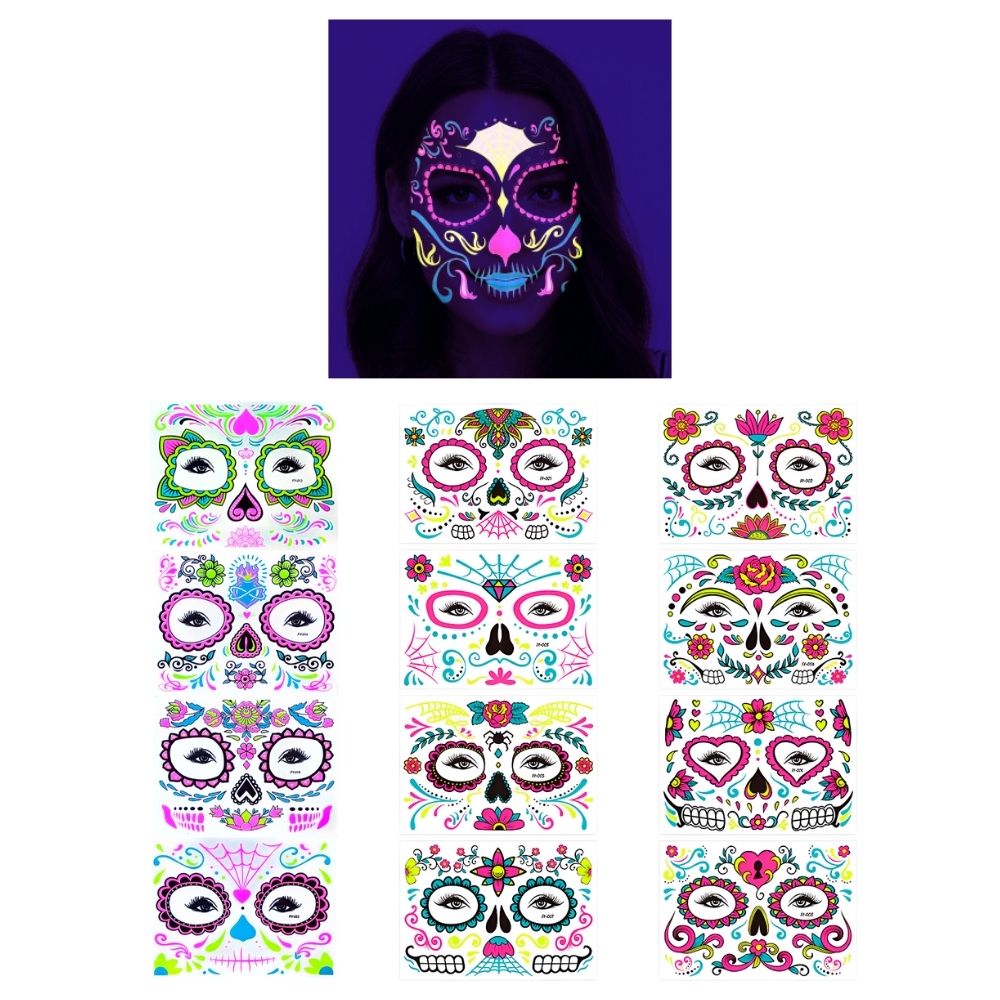 Tatuajes Temporales Calavera – 12 Diseños Coloridos para Fiestas y Halloween