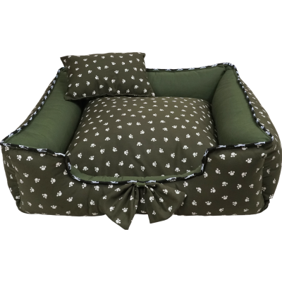 CAMA PARA PERRO Y GATO COLOR VERDE CON DISEÑO DE PATITAS