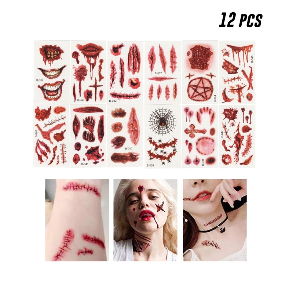Tatuajes Temporales de Heridas Halloween – Pack de 12 Piezas Realistas