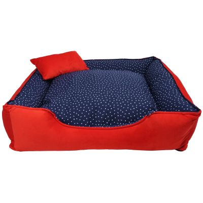 CAMA PARA PERRO Y GATO COLOR AZULINO Y ROJO CON PUNTITOS DECORATIVOS