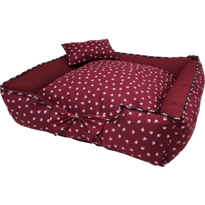 CAMA PARA PERRO Y GATO COLOR GUINDA CON ESTAMPADO DE PATITAS