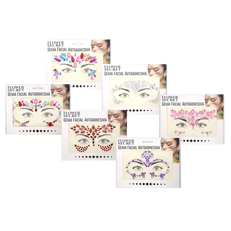 Gemas Faciales Autoadhesivas – Pack de 6 Diseños Flower Secret para Fiestas y Halloween
