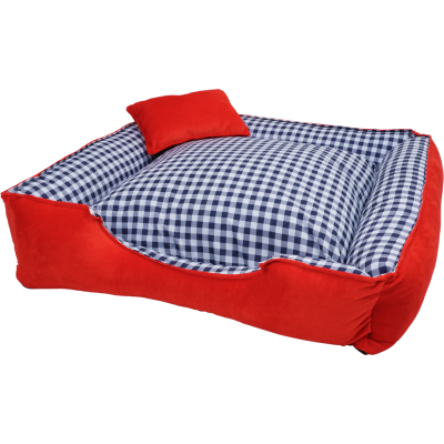CAMA PARA PERRO Y GATO COLOR ROJO CON CUADRADITOS AZULES