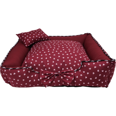CAMA PARA PERRO Y GATO COLOR GUINDA CON ESTAMPADO DE PATITAS